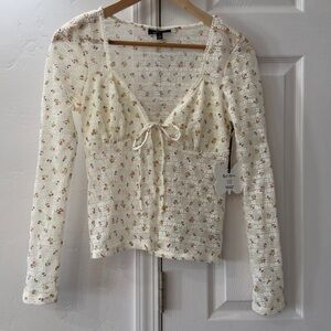 Lace Blouse – Pink & Yellow Ditsy Floral Print – Front Tie – Size S